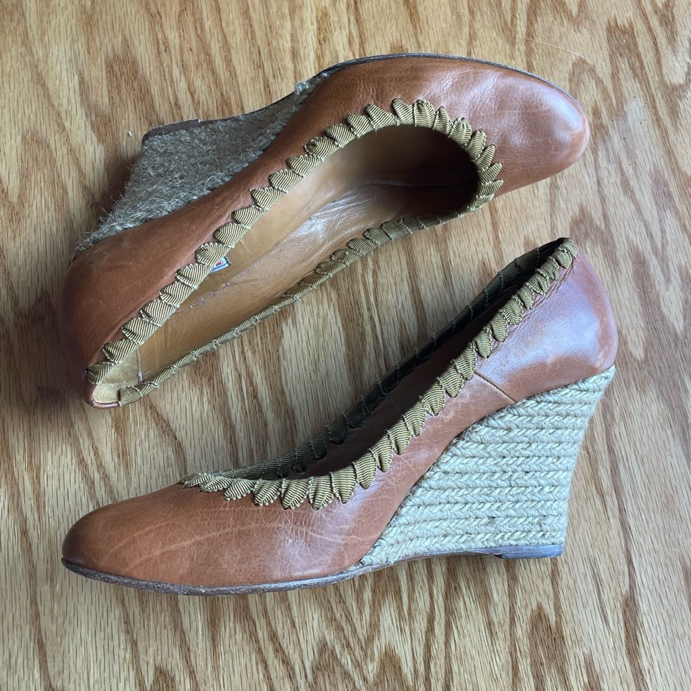 Lanvin Brown Grosgrain Stitched Leather Wedge Pump Size 38 - Picture 9 of 15